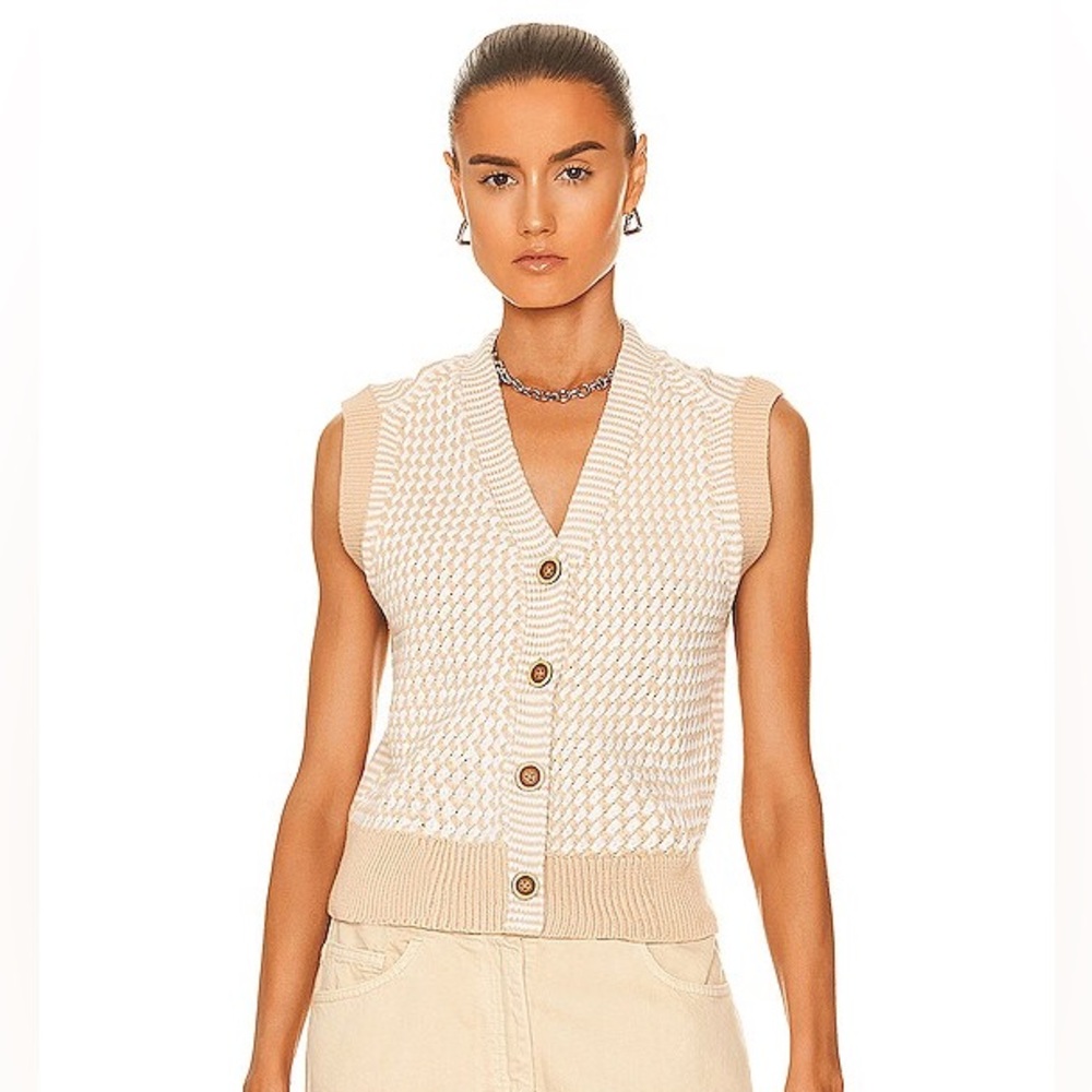 Re/Done 50s Style Knit Button-Down Cardigan Vest in Beige